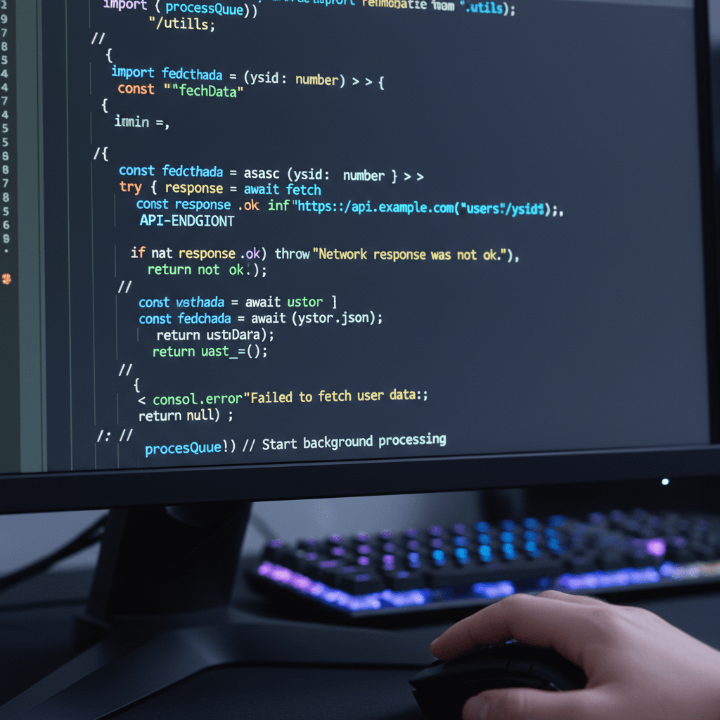 Close-up of syntax-highlighted code on computer monitor with developer's hand and mouse visible at bottom edge