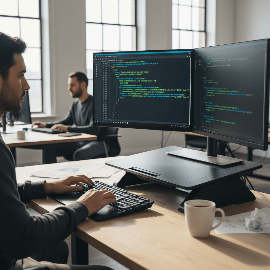 Web developer coding website on laptop in modern office